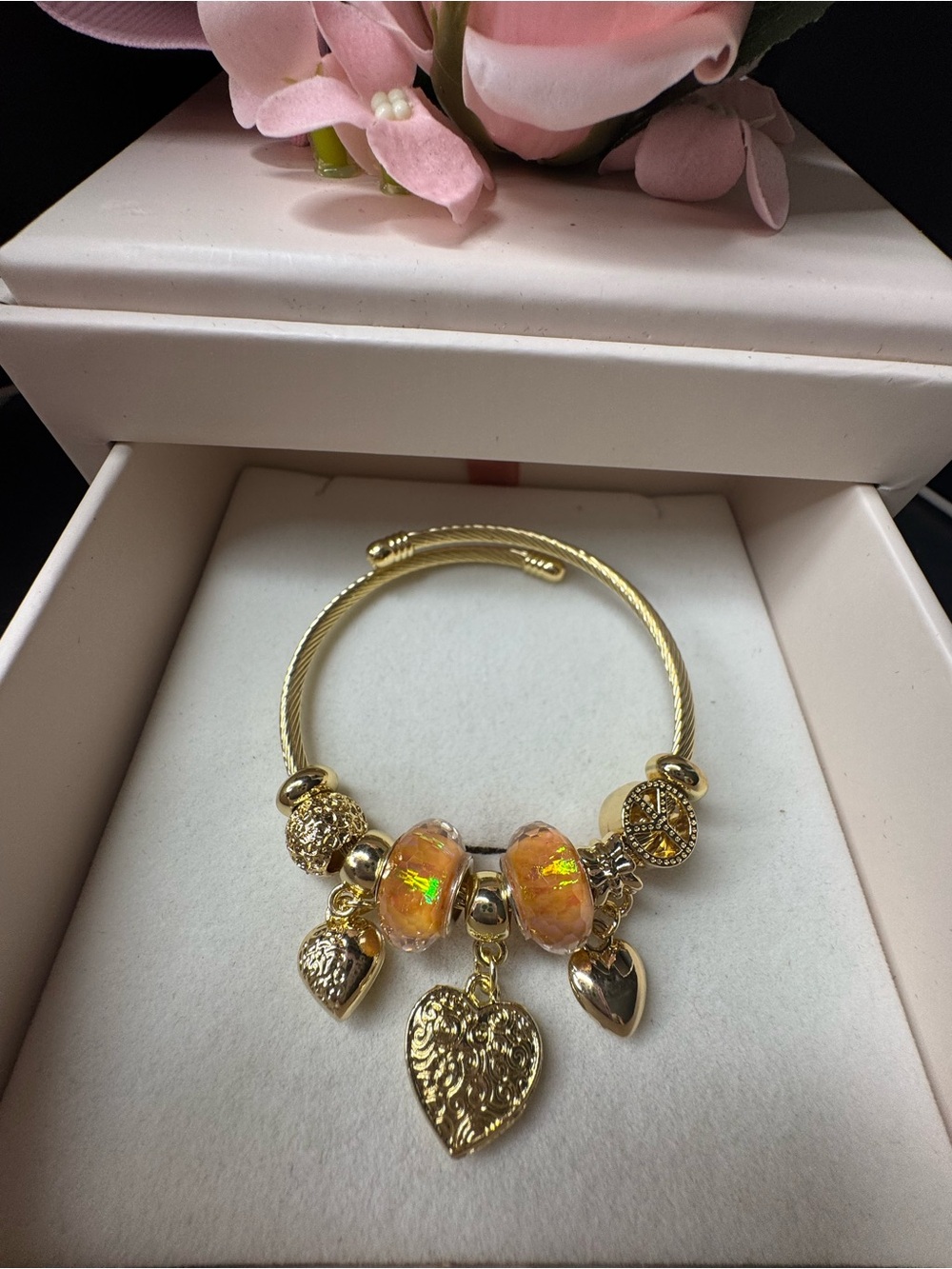 Gold Heart Charm Bracelet with Peach Opal Beads - Women Jewelry